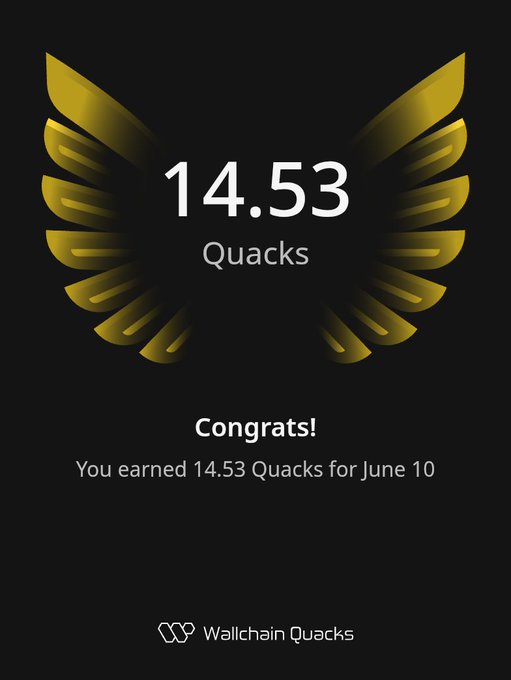 The image shows a post from the Quack network that congratulates users for achieving 14.53 Quacks. The post says "Congratulations! You earned 14.53 Quacks today, your ATH since I started quacking for @wallchain". It also mentions the weekly mindshare leaderboard update and the importance of being mindful about projects in this week's updates.