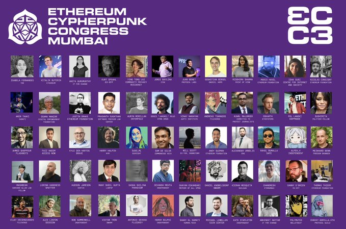A roster graphic for 'ETHEREUM CYPHERPUNK CONGRESS MUMBAI' showing headshots and names of numerous speakers and attendees.