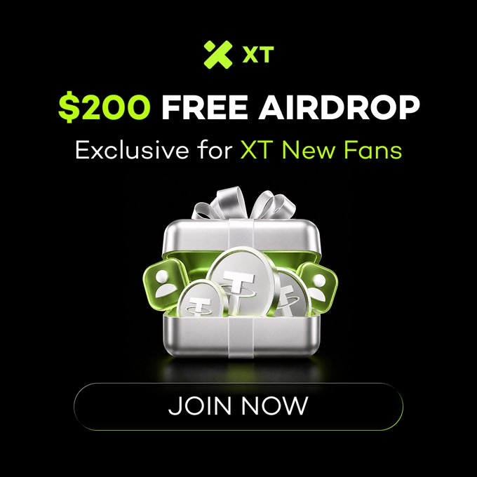 A promotional graphic for XT exchange featuring a silver gift box overflowing with USDT coins, advertising a "$200 FREE AIRDROP" exclusive for "XT New Fans" with a "JOIN NOW" call-to-action button below. The image visually reinforces the accompanying post's crypto giveaway campaign, where new fans can win a share of $200 by completing steps like following XT, joining their Telegram, and leaving their X username via the Gleam link.