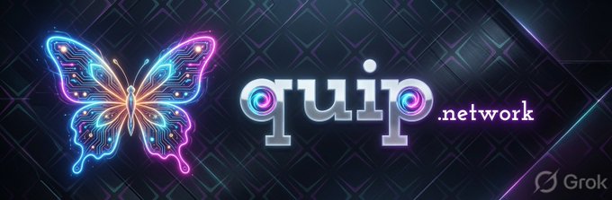 A digital banner featuring a neon butterfly on the left and the text 'quip.network' in stylized font on the right, with a 'Grok' watermark in the corner.