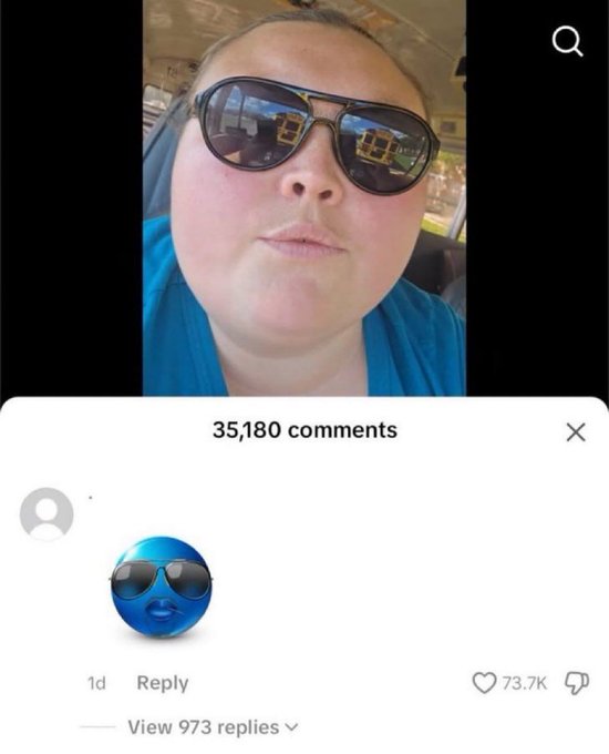 A screenshot of a social media video shows a person wearing sunglasses that reflect school buses, with a comment section below showing 35,180 comments and 73.7K likes.