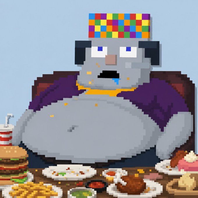 A pixel art illustration of a large gray character wearing a colorful block-patterned hat, sitting at a table laden with various foods including a hamburger, fries, and other dishes.
