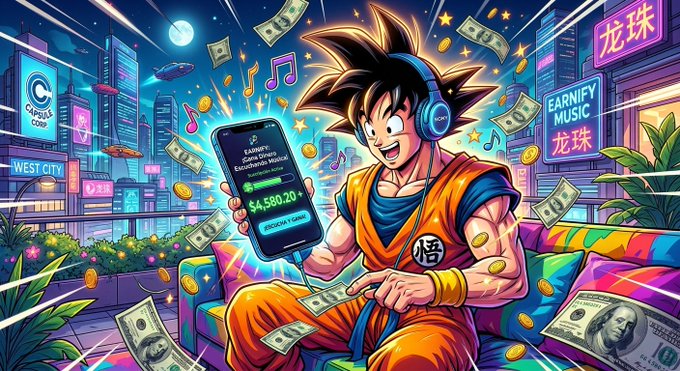 A vibrant illustration of Goku from Dragon Ball wearing headphones, sitting on a colorful couch holding a smartphone displaying an earnings app with '$4,560.20', surrounded by floating money and coins in a neon-lit cityscape. Text includes 'EARNIFY MUSIC', 'CAPSULE CORP', 'WEST CITY', and '龙珠'.
