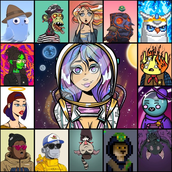 A collage of various NFT-style digital art portraits featuring diverse characters including an astronaut, warriors, and other stylized figures.