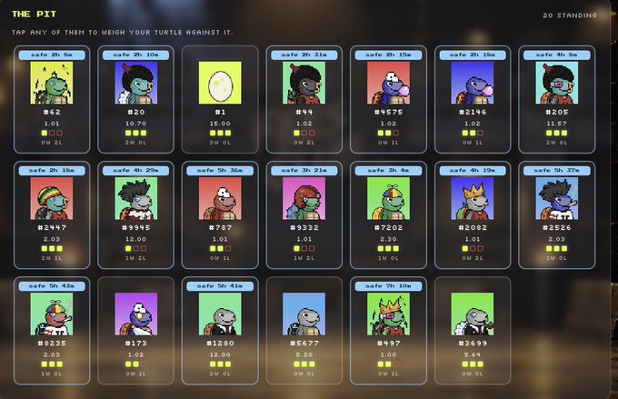 A screenshot of 'THE PIT' interface displaying 20 pixel-art turtle characters in a grid layout, with stats like time remaining, win percentages, and other rankings for comparing turtles, with text 'TAP ANY OF THEM TO WEIGH YOUR TURTLE AGAINST IT.'