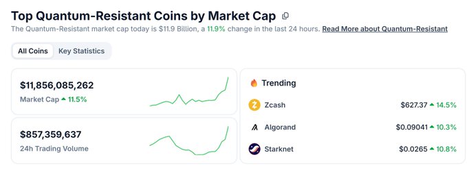 Screenshot of a cryptocurrency market page titled 'Top Quantum-Resistant Coins by Market Cap' showing $11.9B market cap (11.9% change), $857M 24h trading volume, with trending coins Zcash ($627.37, 14.5%), Algorand ($0.09041, 10.3%), and Starknet ($0.0265, 10.8%).