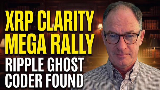 A thumbnail-style image featuring a man in glasses against a library backdrop, with bold yellow text reading "XRP CLARITY MEGA RALLY" and white text stating "RIPPLE GHOST CODER FOUND," directly matching the YouTube video's clickbait title about Ripple's legal clarity and a mysterious XRP coder.