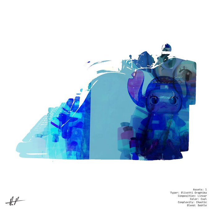 A blue-toned digital artwork featuring Toy Figurine figures with metadata noting 'Type: Olivetti Graphika, Composition: Linear, Color: Cool, Complexity: Chaotic, Blend: Subtle.'