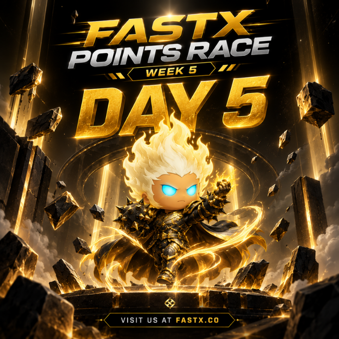 A promotional graphic for 'FASTX POINTS RACE WEEK 5 DAY 5' features a stylized character with glowing blue eyes and golden armor surrounded by floating rocks and golden light, with text directing viewers to 'VISIT US AT FASTX.CO'.