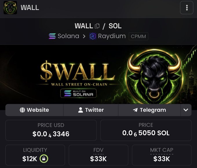 A screenshot of a cryptocurrency token page displays "WALL" paired with SOL on the Raydium DEX (CPMM) on Solana, showing a price of $0.043346 USD (0.0006050 SOL), with $12K liquidity, $33K FDV, and $33K market cap, alongside social links for Website, Twitter, and Telegram. The "$WALL" token is branded as "Wall Street On-Chain," supporting the post's claim about it being a Solana-based token paying dividends in tokenized stocks.