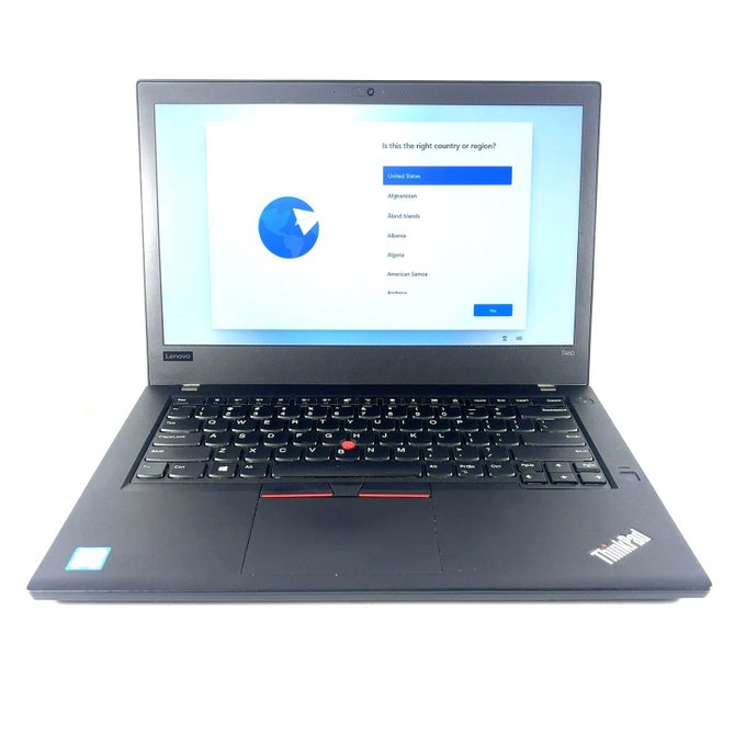 A Lenovo ThinkPad T480 laptop displays the Windows setup screen prompting "Is this the right country or region?" with "United States" selected. The image illustrates the post's suggestion to repurpose an affordable ThinkPad T480 for cryptocurrency tasks like rolling dice, installing Linux and Sparrow, and signing PSBTs with its built-in webcam for QR codes.