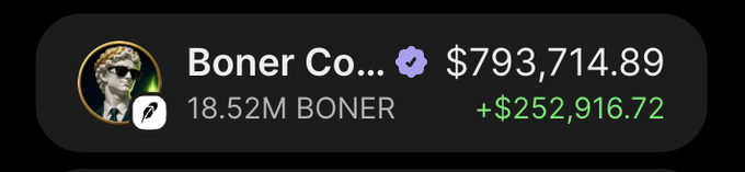 A crypto wallet screenshot shows "Boner Co..." holding 18.52M BONER tokens valued at $793,714.89, with a daily gain of +$252,916.72 displayed in green. The image illustrates the poster's claim of profiting $250K in a single day from their early position in the $BONER token, reinforcing their message about the importance of getting in early rather than emotionally holding late entries.
