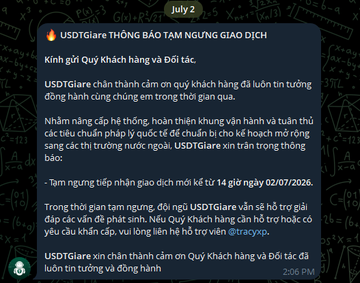 A July 2nd notification from USDTGiare announcing a temporary suspension of OTC transactions starting July 14, 2026, citing system upgrades while apologizing to customers. This directly relates to the post noting USDTGiare (and other OTC venues) have halted OTC trading, leaving Mimo as a limited in-person cash option.