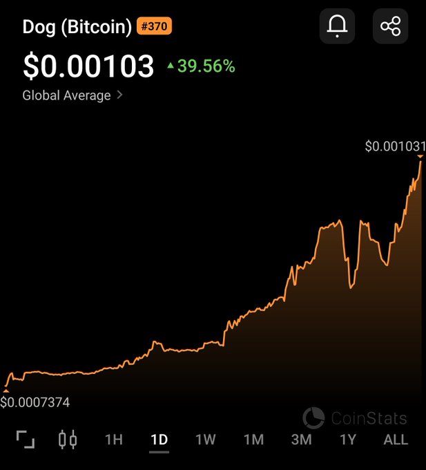 A CoinStats cryptocurrency chart showing Dog (Bitcoin) #370 priced at $0.00103, up 39.56%, with a price trend line displaying growth from $0.0007374 to current value.