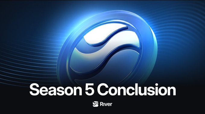 A promotional graphic featuring a blue circular logo with the text 'Season 5 Conclusion' and 'River' branding beneath it on a dark blue background.