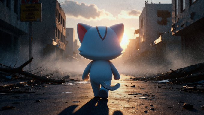 A small cartoon cat figurine walks alone down a debris-strewn, post-apocalyptic street toward a glowing sunset. The imagery evokes resilience and a forward-looking journey despite destruction—mirroring the post's "Ready for the next leg up" sentiment of perseverance and anticipation for a bullish rebound.
