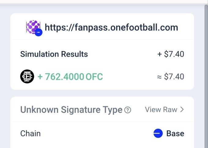A blockchain transaction notification from fanpass.onefootball.com showing Simulation Results of +762.4000 OFC (approximately $7.40) on the Base chain.