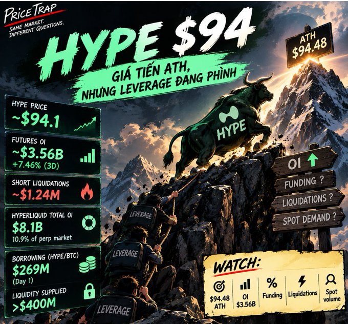 A crypto market graphic titled 'HYPE $94 - PRICE TRAP' showing ATH of $94.48, Futures OI ~$3.56B, Short Liquidations ~$1.24M, and Hyperliquid Total OI $8.1B, with Vietnamese text about leverage forming.