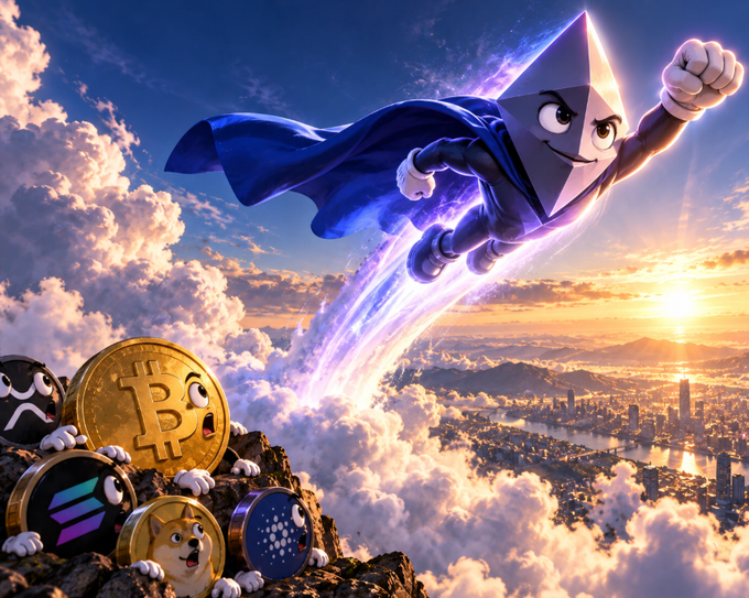 A stylized illustration of an Ethereum-themed superhero flying over clouds with various cryptocurrency coins (Bitcoin, Dogecoin, Solana, etc.) in the foreground.