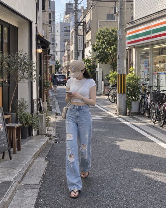 A woman in a white top, distressed baggy jeans, and a beige NY baseball cap walks down a street in Japan, looking at her phone.