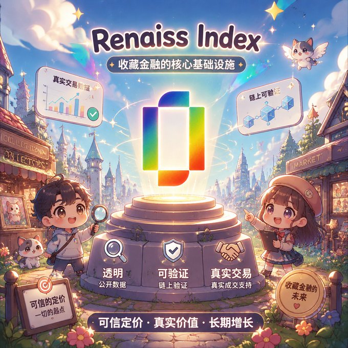 A colorful Japanese anime-style promotional image titled 'Renaiss Index' featuring cartoon characters, a glowing multicolored logo, and text about blockchain infrastructure.