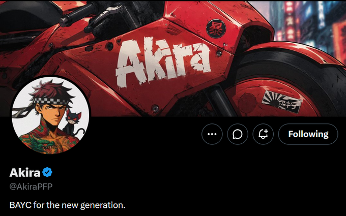 A Twitter/X profile banner for Akira (@AkiraPFP), an anime character with a headband, displayed on a red motorcycle with 'Akira' written in graffiti style, with bio reading 'BAYC for the new generation.'