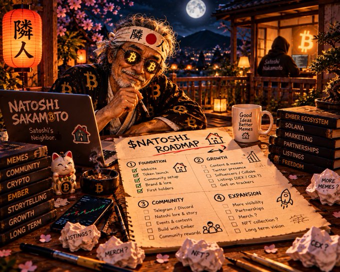 A man wearing Bitcoin-themed sunglasses and a headband is planning "$NATOSHI Roadmap" on a notebook detailing foundation, growth, community, and expansion phases, surrounded by crypto symbols, a "NATOSHI SAKAMOTO" laptop, and signs referencing "Ember Ecosystem," "Solana," and "Satoshi Nakamoto." The image visually represents the post's theme of building a crypto community from an idea, showcasing the creator character planning the EmberCurve project's roadmap with listings, merch, and NFT goals.