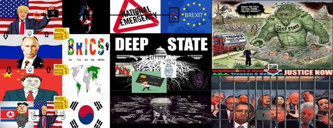 This image, a collage of political and geopolitical imagery, visually represents the idea that "riddlers" were right, hinting at revelations about the "Deep State" and figures like Trump, Putin, and Xi Jinping. The collage includes symbols of national emergencies, Brexit, BRICS, and culminates in a depiction of various political figures behind bars, suggesting a fulfillment of prophetic warnings or predictions.