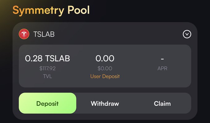A screenshot of a cryptocurrency interface showing a 'Symmetry Pool' for the token TSLAB, displaying a TVL of $117.92 and a 0.00 user deposit with Deposit, Withdraw, and Claim options.