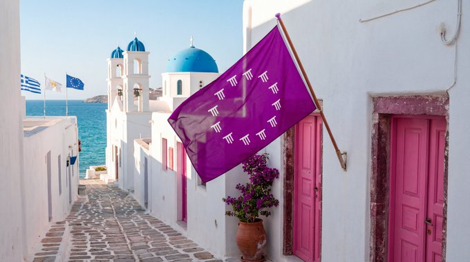 A vibrant purple "THENA" flag hangs on a traditional whitewashed building with blue domes in what appears to be Santorini, Greece, alongside EU and Greek flags in the background—symbolizing THENA's continued commitment to serving European users amid the upcoming MiCA regulatory changes.