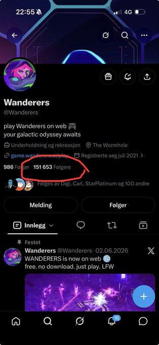 The image shows an X/Twitter profile for "Wanderers" (@Wanderers) with 151,653 followers circled in red, confirming the post's claim about the account reaching the 150k milestone. The profile also displays their pinned tweet announcing "WANDERERS is now on web 2.0. free, no download. just play. LFW" with a purple concert/event image.