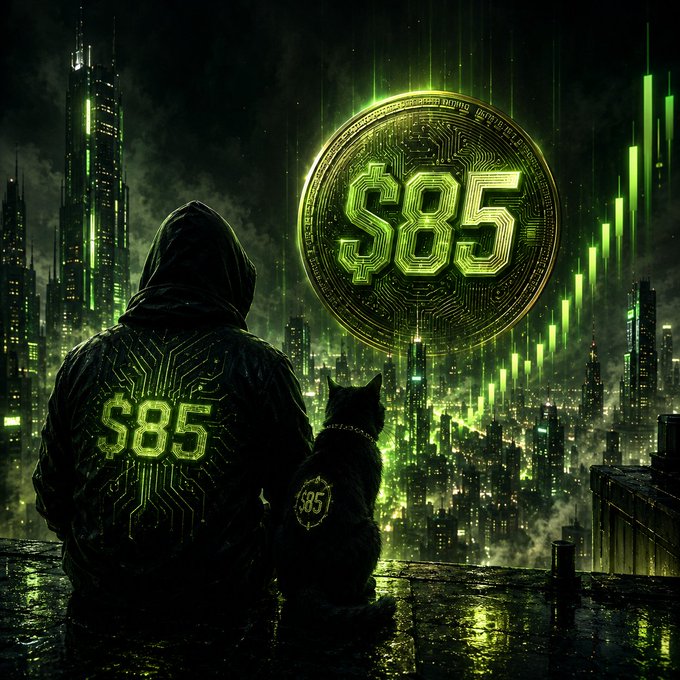A hooded figure and a black cat, both marked with 'S85', overlook a neon-green futuristic city skyline featuring a glowing '$85' coin and ascending stock chart candles.