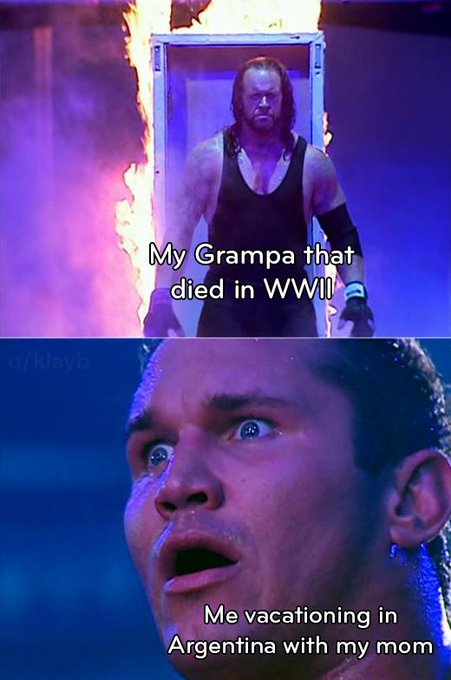 The image shows a meme with two different versions of an older man's reaction, one being surprised by something that has happened while the other is reacting to a meme about vacationing in Argentina. The meme includes text that reads "My Grandpa that died in WWII" and "Me vacacioning in Argentina with my mom".