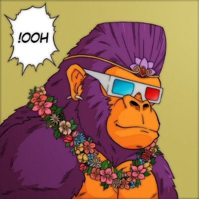 The image features a cartoon gorilla wearing glasses and a flower garland around its neck. The gorilla appears to be smiling, giving off an impression of happiness or amusement. The background of the image is yellow with white text that reads "100oh!". This could indicate that the gorilla is part of a series or collection related to the word "oh".
