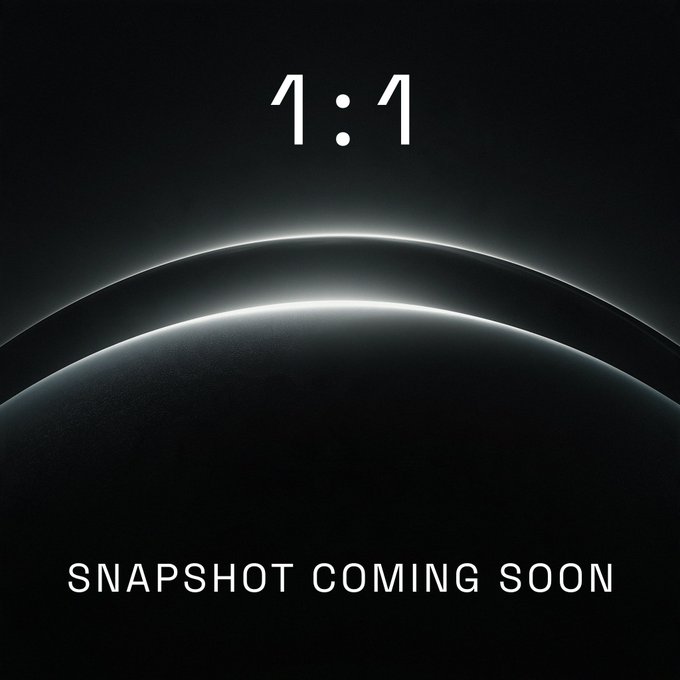 A sleek dark promotional graphic displays "1:1" at the top with two illuminated curved lines below, and "SNAPSHOT COMING SOON" at the bottom, visually reinforcing the message about converting AI Mining OBN earnings into OBN tokens at a 1:1 ratio before the upcoming wallet snapshot.