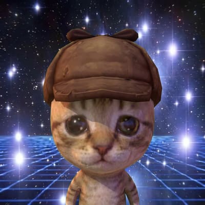 A digital illustration of a sad-looking cat wearing a brown aviator cap against a cosmic background with stars and a glowing blue grid floor.
