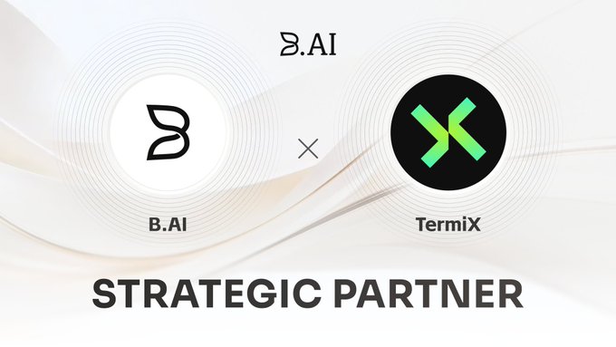 The image shows two logos, one for B.AI and another for TermiX, placed side by side with their names written below them. The text "B.AI × @termix_ai" suggests that these companies are collaborating on a strategic partnership focused on building an infrastructure for the future of Web3 and AI. This partnership aims to create a blueprint for the development of autonomous economic infrastructure in the coming years, emphasizing the importance of progress in this field.