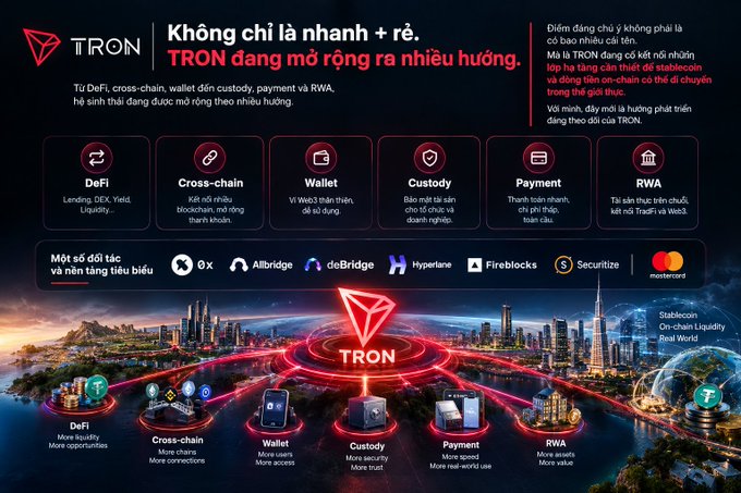 A promotional infographic for the TRON blockchain, with Vietnamese text stating 'Không chỉ là nhanh + rẻ, TRON đang mở rộng ra nhiều hướng,' highlighting features like DeFi, Cross-chain, Wallet, Custody, Payment, and RWA.