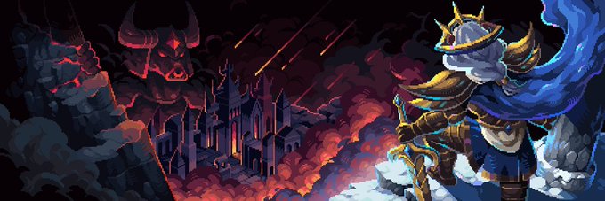 A pixel art game scene depicting an armored knight with a horned helmet and blue cape standing before a demonic figure and hellish castle landscape with red skies and falling meteors.