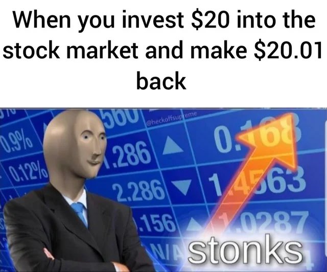 The meme uses the classic "Meme Man stonks" format to humorously celebrate a tiny profit of $0.01 on a $20 investment, which connects to the post's promotion of $STONKS as a tokenized meme celebrating even the smallest gains in the onchain/Robinhood Chain stock era. The "stonks" arrow points upward, capturing the "UP ONLY" energy the post emphasizes, regardless of how marginal the actual returns are.