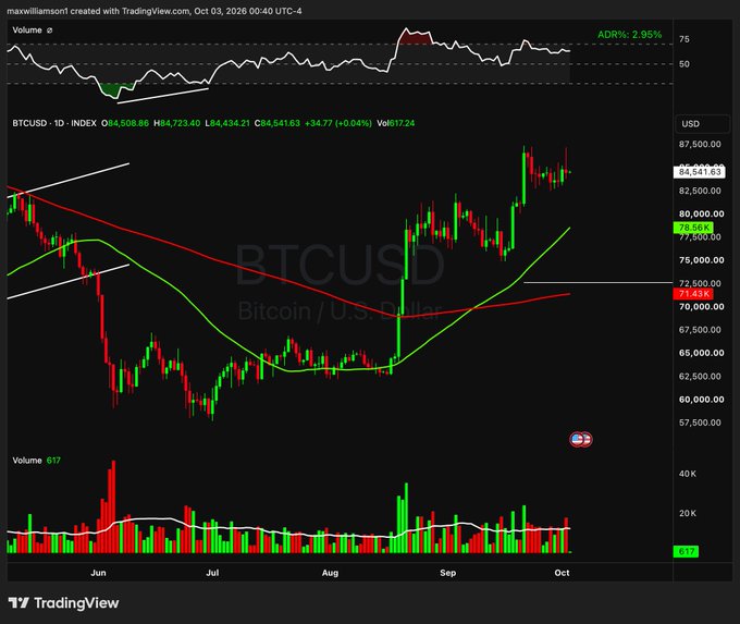 A TradingView chart of BTCUSD (Bitcoin / U.S. Dollar) on a daily timeframe from TradingView, showing a price of 84,541.63 with an upward trend since August.