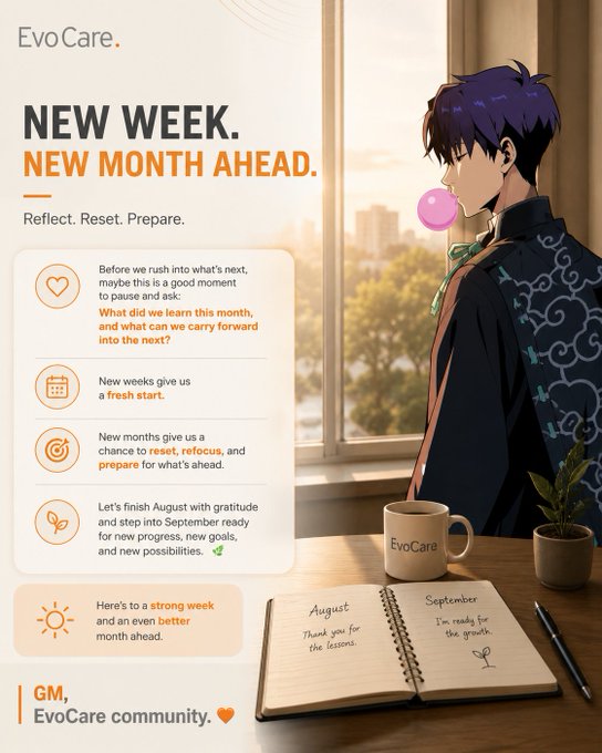 An anime-style illustration of a boy with purple hair blowing a bubble gum bubble, accompanying a graphic for 'EvoCare' with the text 'NEW WEEK. NEW MONTH AHEAD.'