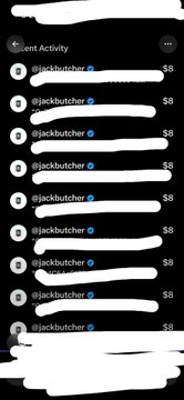 A screenshot of a recent activity feed on X (formerly Twitter) showing multiple posts from '@jackbutcher' with their text covered by white marks.