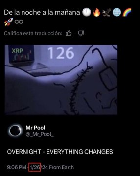 A social media post by Mr Pool (@_Mr_Pool_) displays an image of a sleeping figure in bed with "XRP 126" overlaid, under the heading "OVERNIGHT - EVERYTHING CHANGES," timestamped 9:06 PM from 1/26/24. The accompanying caption references a Saros Cycle 126 linking eclipses from 2008 to 2026, using "126" as a thematic bridge to the XRP 126 imagery, suggesting a prophetic overnight transformation from BTC to XRP.