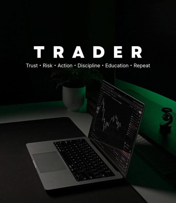 A moody desk setup featuring a laptop displaying trading charts with 'TRADER' text overlay and the words Trust, Risk, Action, Discipline, Education, Repeat.