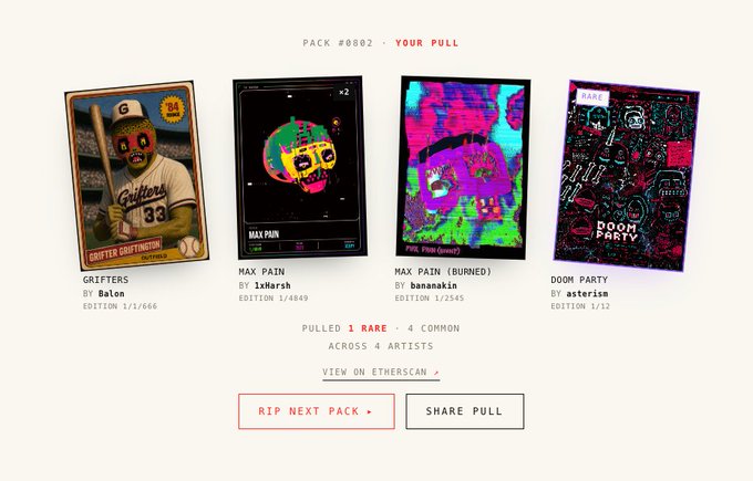 A screenshot of a digital card pack pull from 'PACK #0802', displaying four NFT cards including 'GRIFTERS' by Balon, 'MAX PAIN' by 1xHarsh, 'MAX PAIN (BURNED)' by bananakin, and 'DOOM PARTY' by asterism.