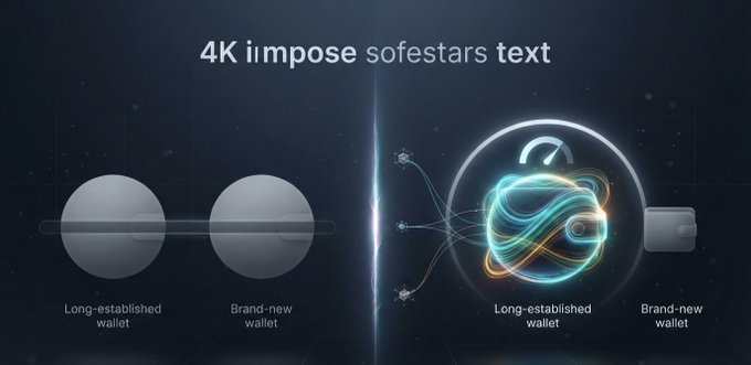 Digital graphic comparing 'Long-established wallet' and 'Brand-new wallet' options, showing simple sphere icons on the left and a complex, glowing, interconnected sphere design on the right, with the title '4K impose softstars text'.
