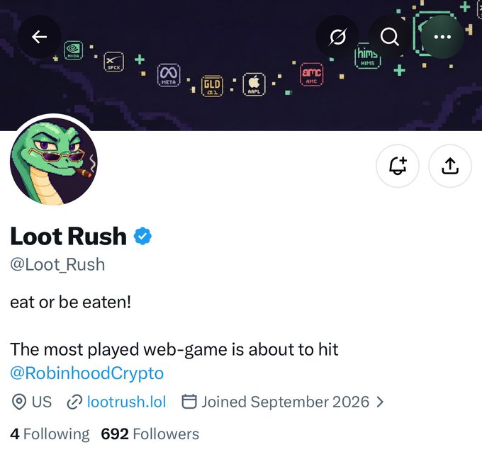 A Twitter/X profile page for 'Loot Rush' (@Loot_Rush) with a verified badge, featuring a green snake avatar, the bio 'eat or be eaten!', and 692 followers.