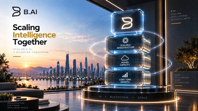 A promotional graphic for B.AI featuring the tagline 'Scaling Intelligence Together' alongside a cityscape at sunset and illuminated stacked cube graphics highlighting features like scalable infrastructure and higher capacity.