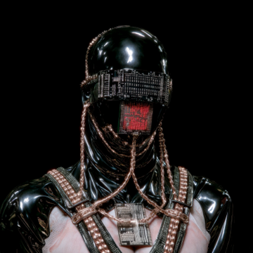 A 3D render of a glossy black-clad figure wearing a helmet with a red digital visor display and ammunition belts draped across the chest.